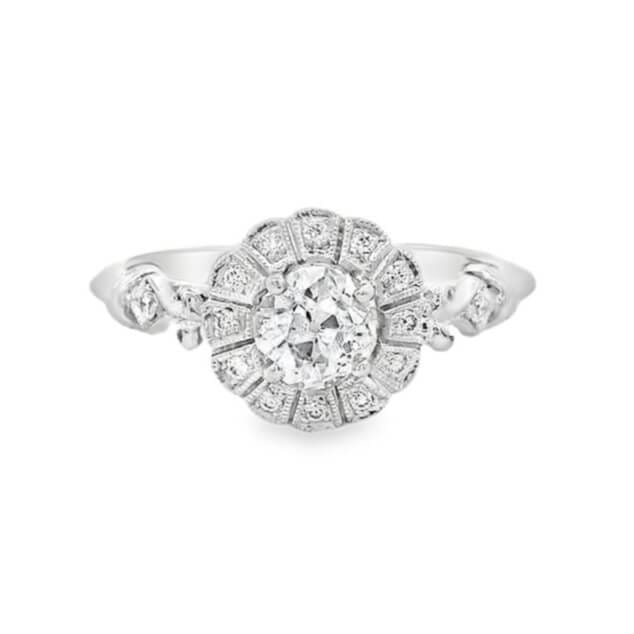 vintage inspired 1.24 ct tw european cut diamond in 14k white gold halo engagement ring
