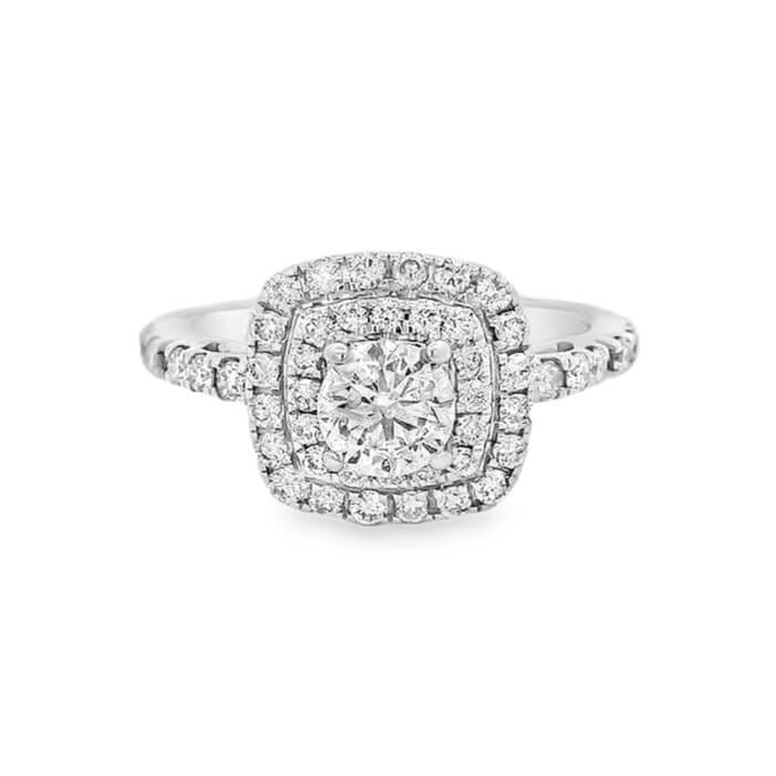 Double Halo Carriage Design Engagement Ring in 14-Karat White Gold