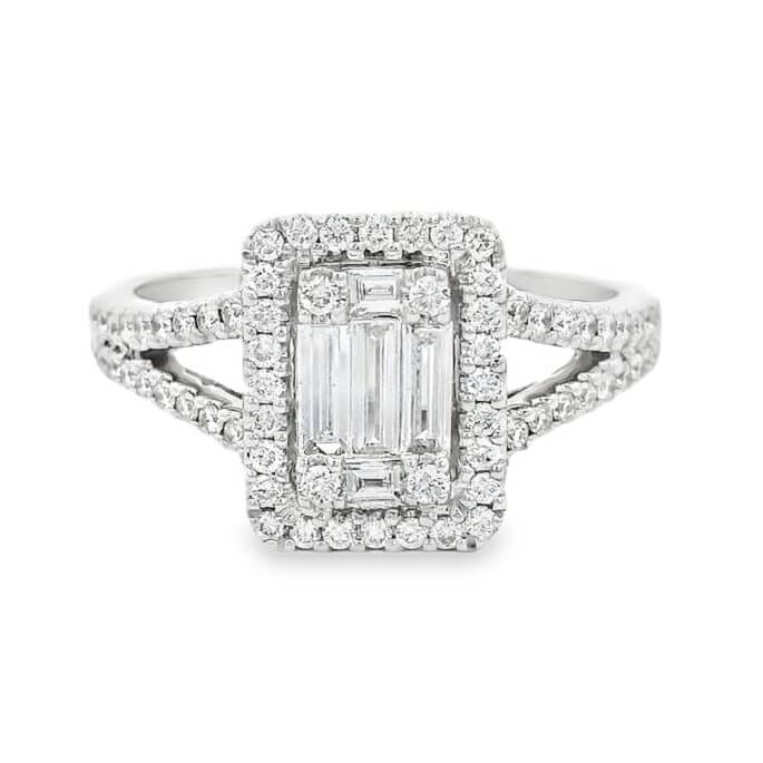 Emerald & Round Briliant Cut Diamonds set in 14K White Gold Engagement Ring