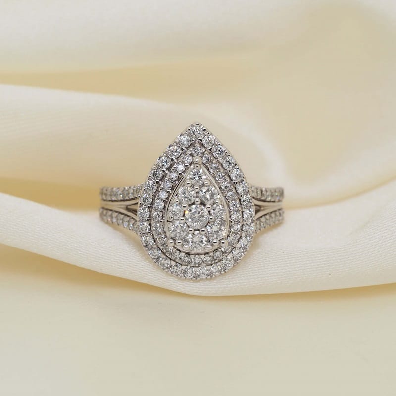 1.65 ct Round Brilliant Cut Diamond Cluster Pear Shape 14K White Gold Engagement Ring