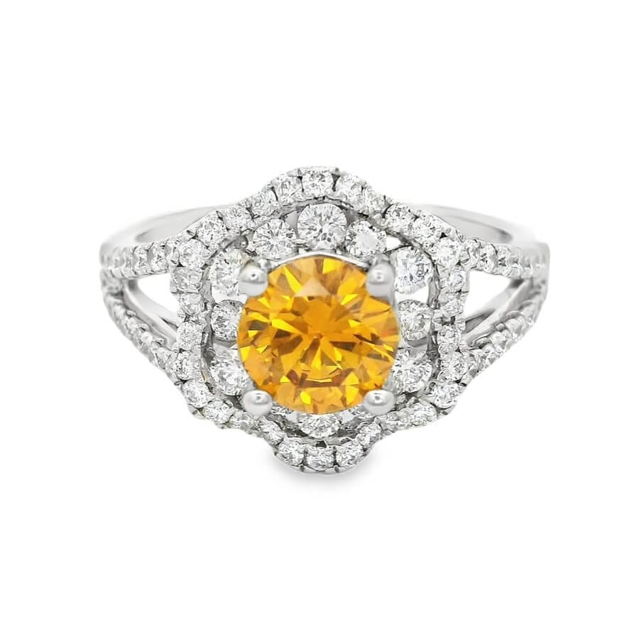0.82 ct Fancy Vivid Yellow Diamond & 1.42 ct Round Cut Diamond Floral Halo Engagement Ring