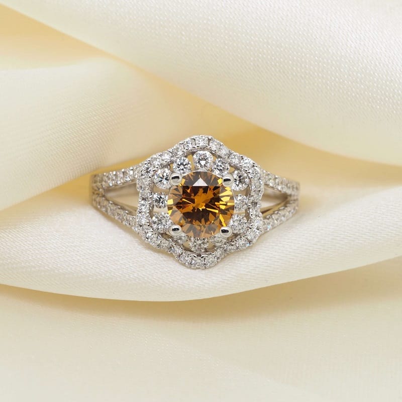 0.82 ct Fancy Vivid Yellow Diamond & 1.42 ct Round Cut Diamond Floral Halo Engagement Ring