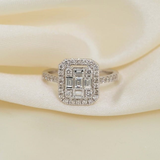 1.42 ct tw Emerald and Round Brilliant Cut Diamond Halo Engagement Ring