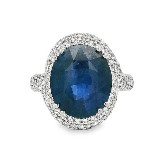 Platinum 6.11 Carat Blue Sapphire Pavé Halo Statement Ring