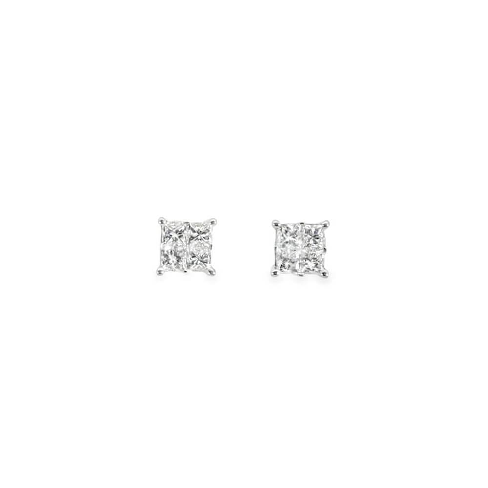14K White Gold Diamond Princess Cut Ear Studs 2.0cttw
