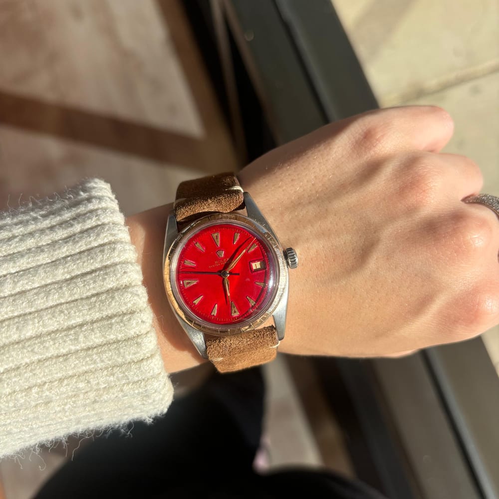 Rolex Date Oyster Perpetual Red Dial M/6105 S/91660 w/ Leather band