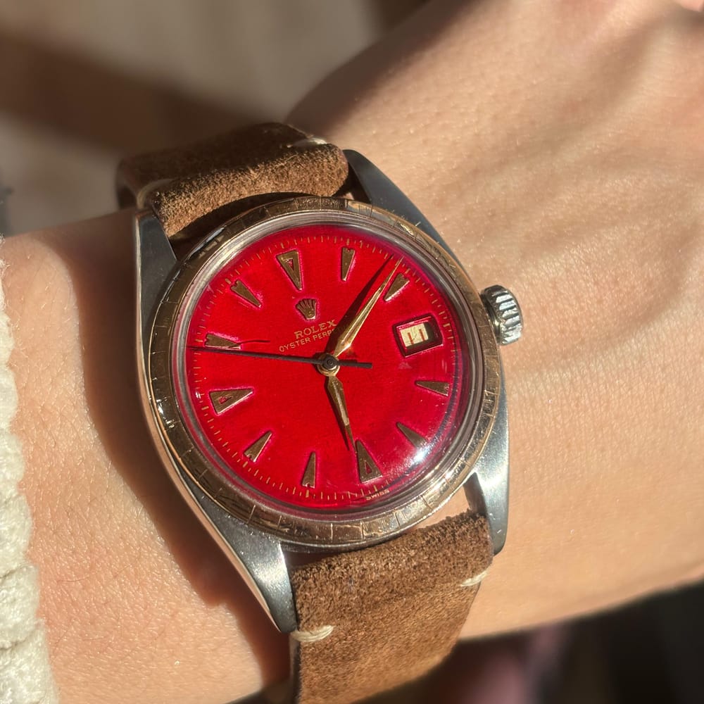 Rolex Date Oyster Perpetual Red Dial M/6105 S/91660 w/ Leather band